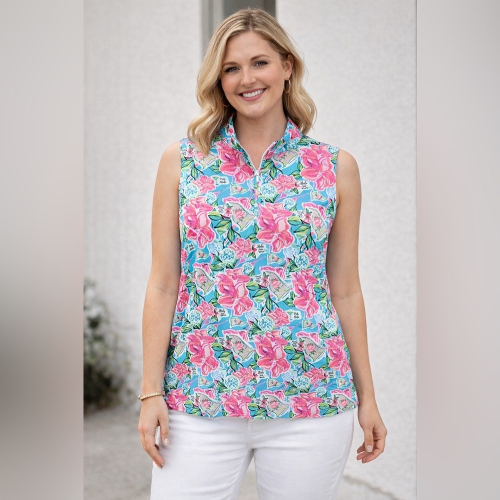 Lulu B‎ Women’s Sz XL Blue Pink Floral Tropical Tank Top UPF 50+ Protection NEW!
